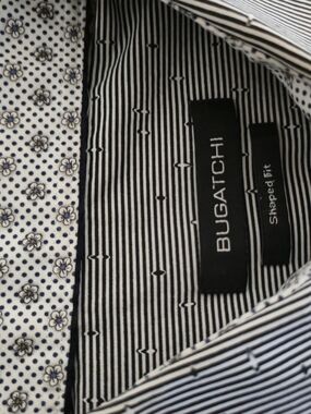 Bugatchi Navy and White Vertical Stripe Dress Shirt with Patterned Trim